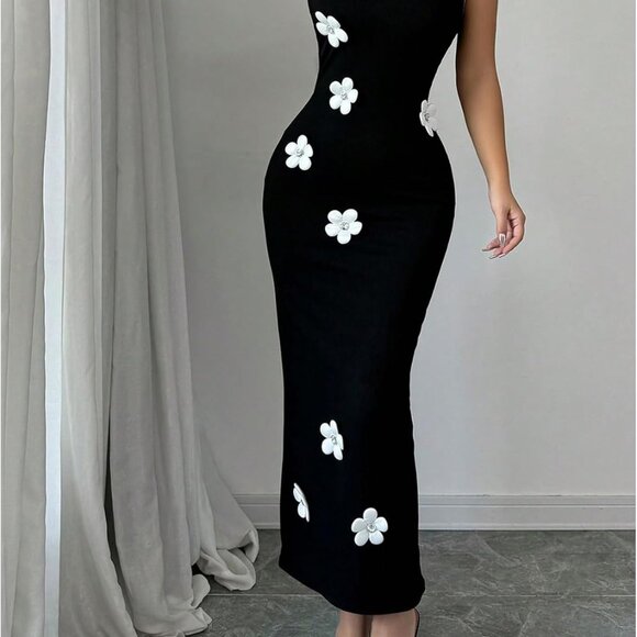 Women's Knit Bodycon Maxi Dress Sleeveless Floral Rhinestone Elegant - Picture 5 of 6